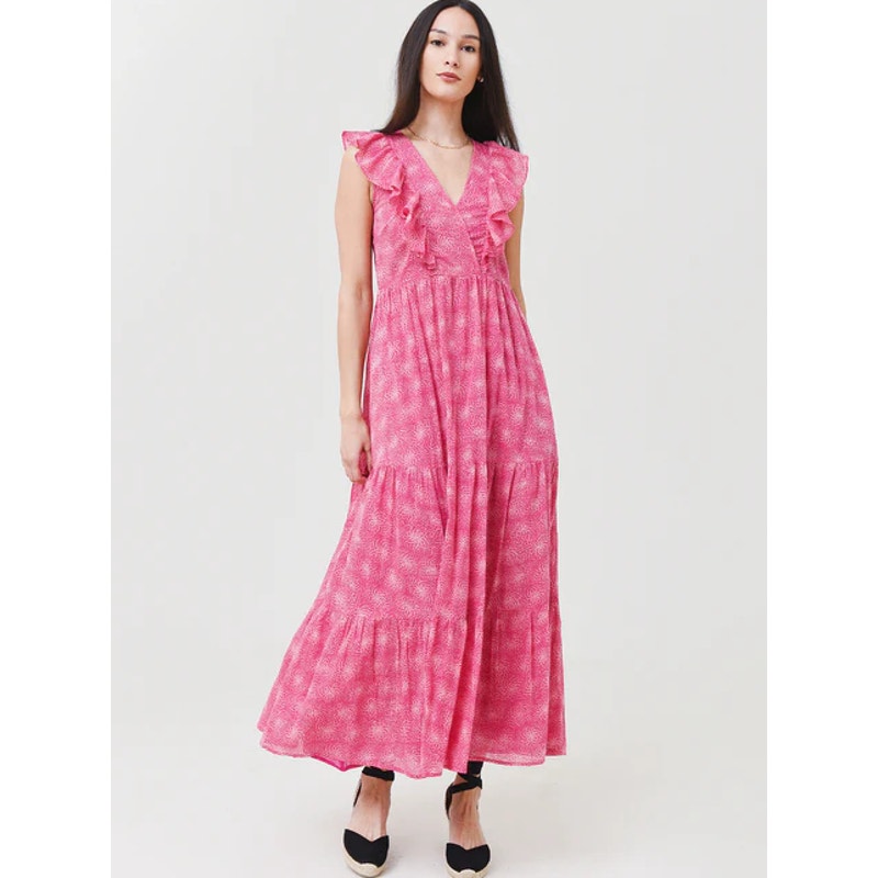 Banjanan Orion Ruffle Floral Cotton Midi Dress Petal Power Fuchsia Size Large
